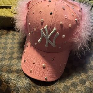New York Yankees Pink Pearl & Rhinestone Cap with Feather Trim
